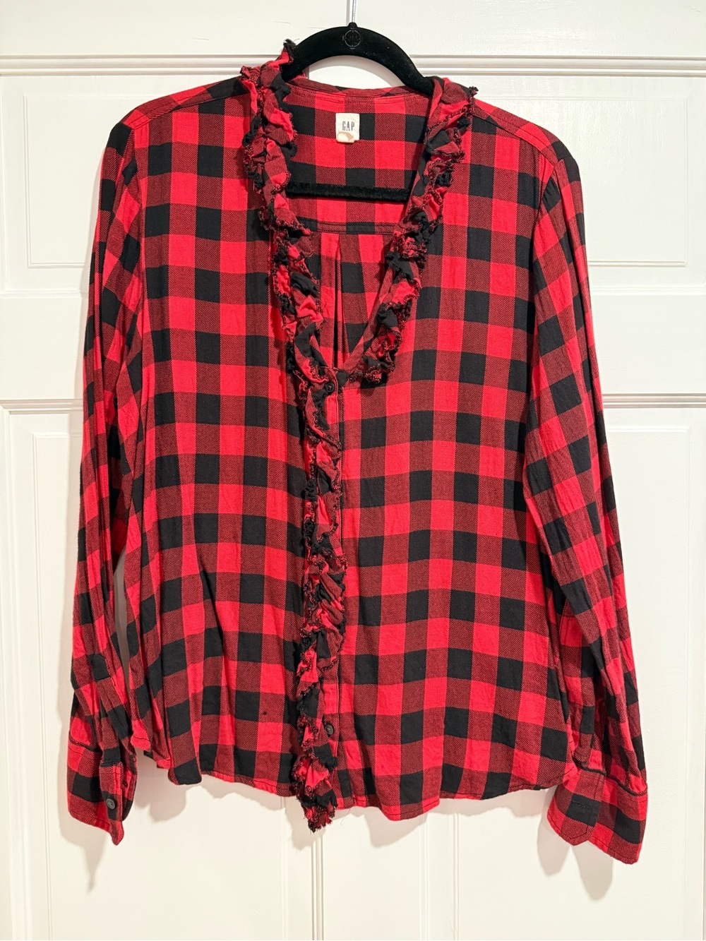 GAP Red and Black Buffalo Plaid Ruffle-Trim Button-Down